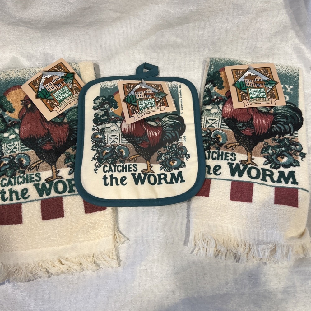 Vtg 1994 3pc Dish Towels & Pot Holder Rooster Franco Farmhouse Made‎ In USA
